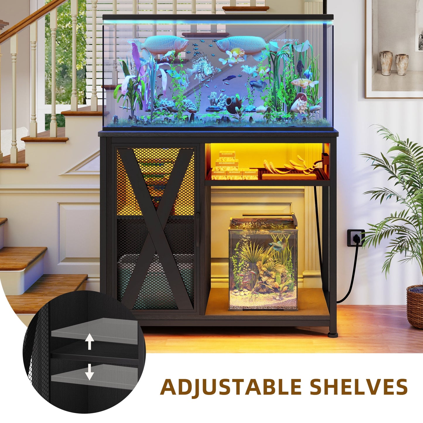Uforic 40-50 Gallon Aquarium Stand with LED Light, Power Outlets & 3-Tier Storage, Black Metal