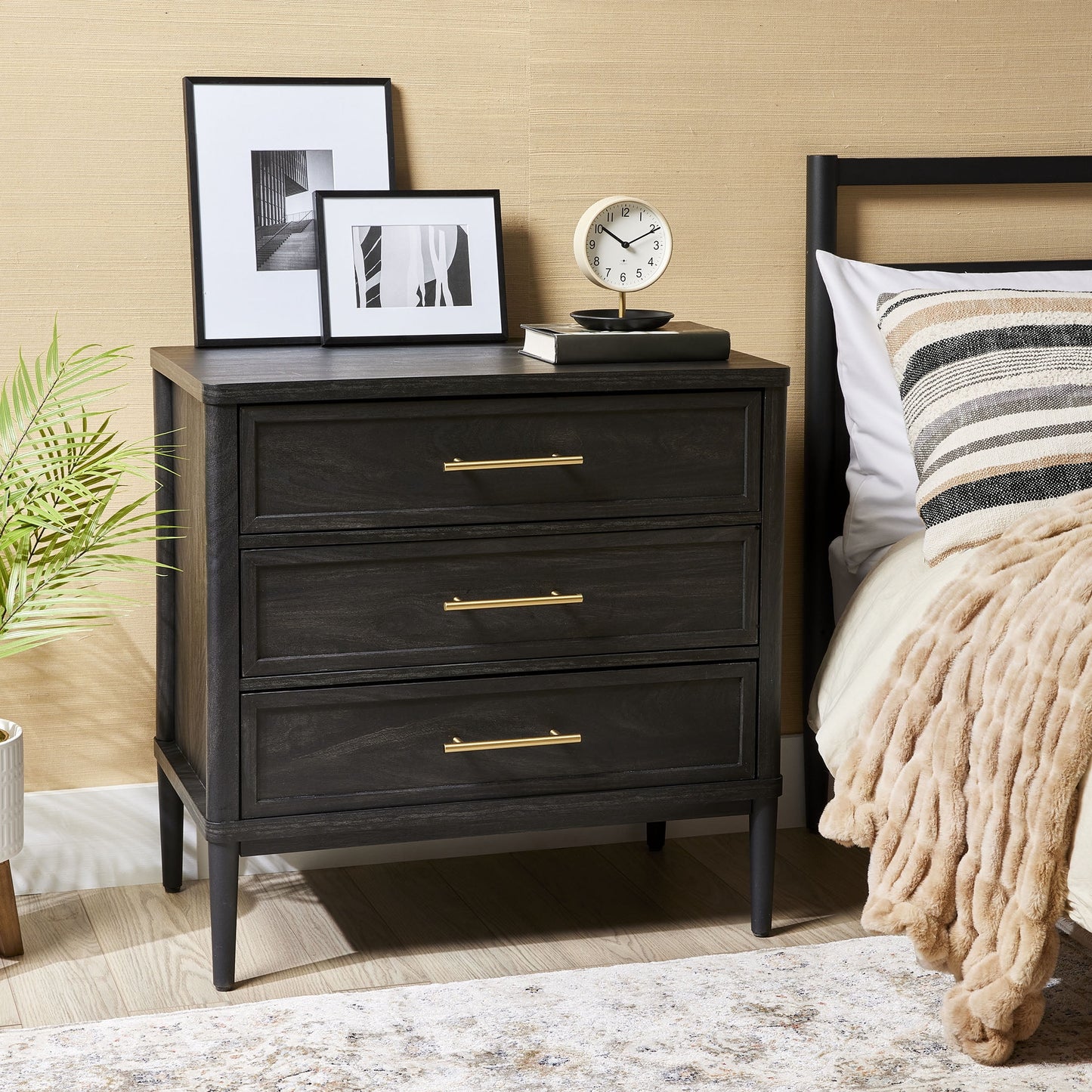 Better Homes & Gardens Oaklee 3 Drawer Nightstand with USB, Charcoal