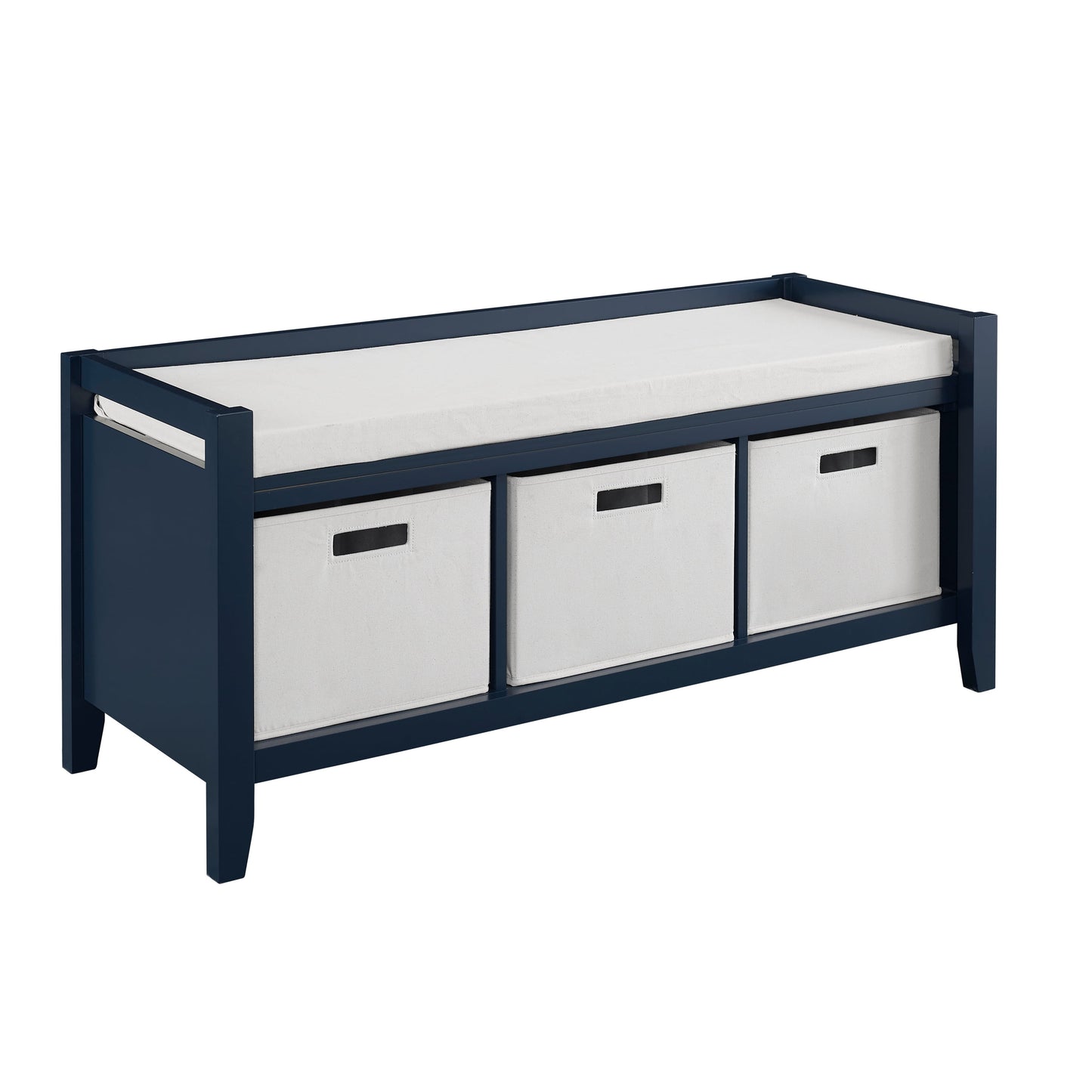 Linon Liesal Storage Bench with 3 Storage Bins, Navy Blue Finish with Cream Bins and Cushion