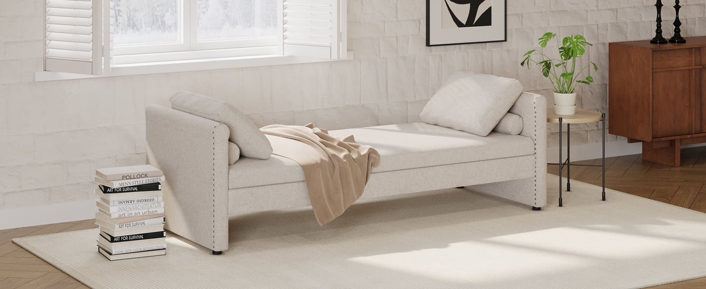 Dovelina Modern Upholstered Chaise Lounger Daybed with Pillows Small Single Daybed, Beige
