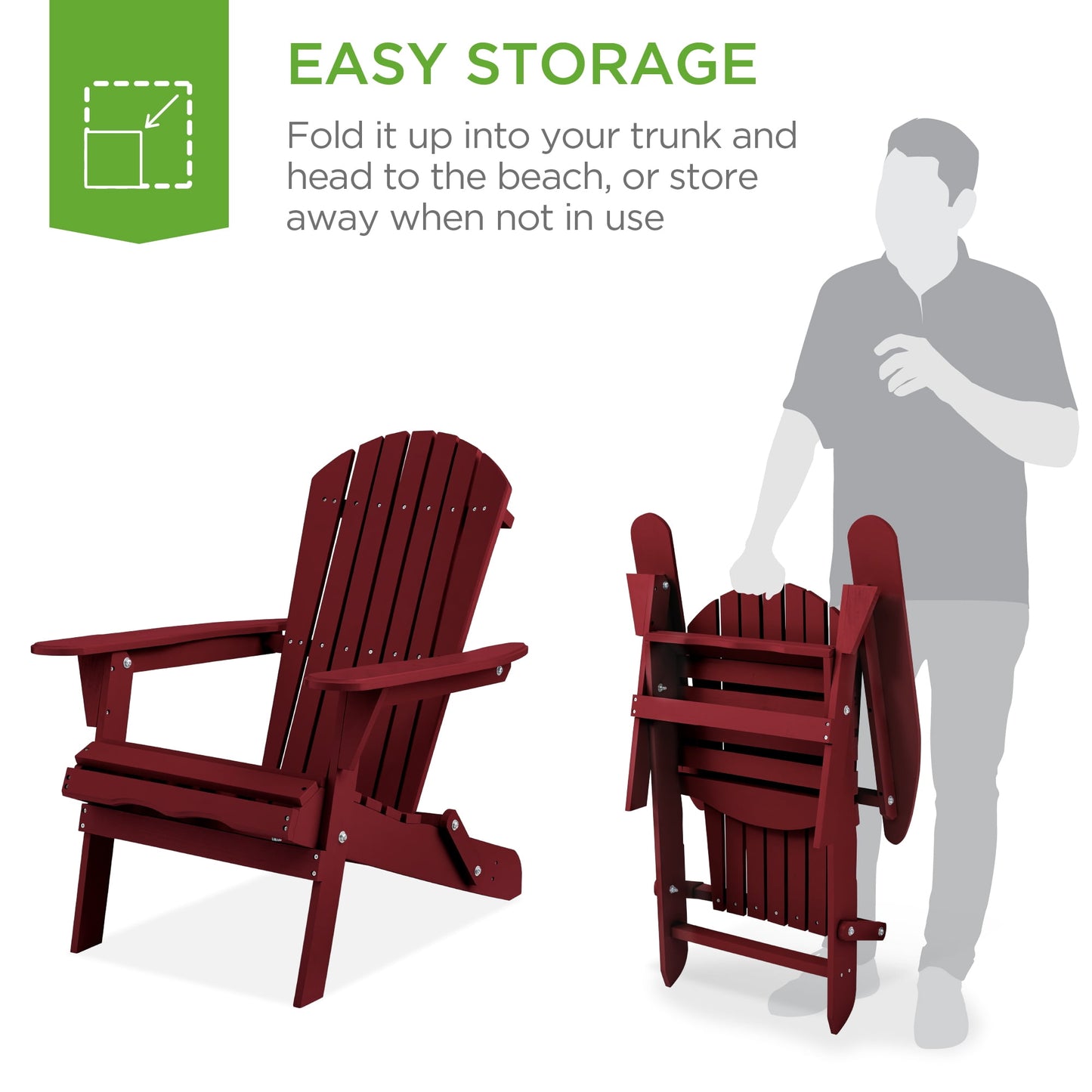Best Choice Products Folding Adirondack Chair Outdoor, Wooden Accent Lounge Furniture w/ 350lb Capacity - Red