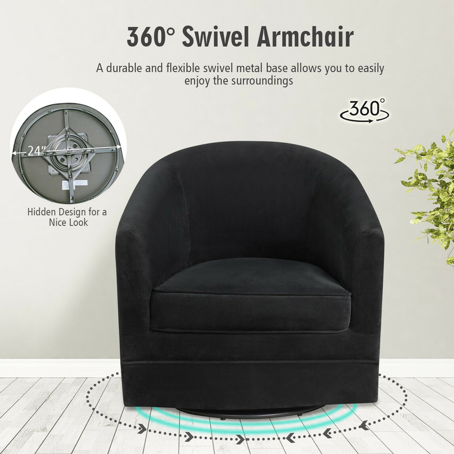 Gymax Velvet Swivel Barrel Accent Chairs with Metal Base, Black (Set of 2)