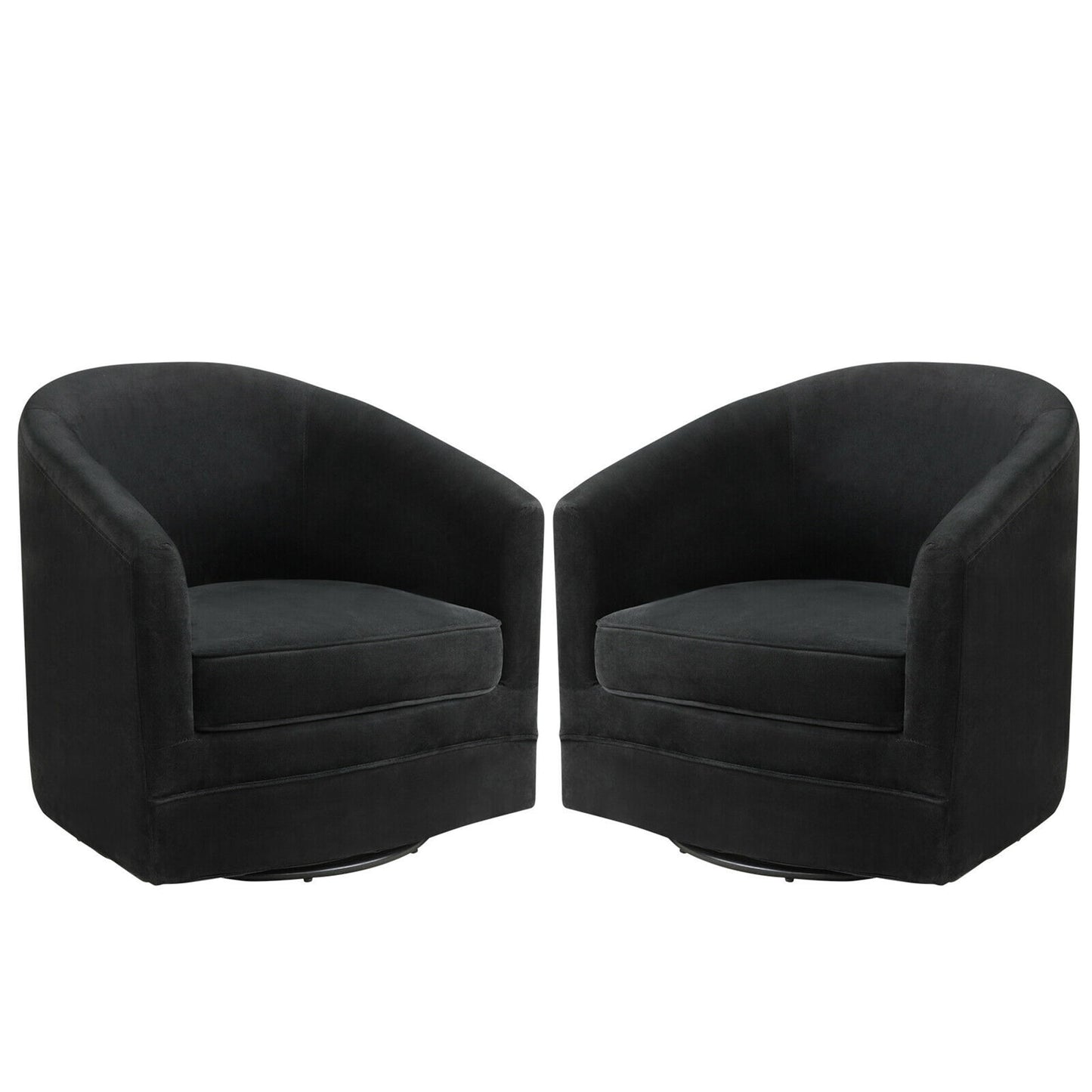 Gymax Velvet Swivel Barrel Accent Chairs with Metal Base, Black (Set of 2)
