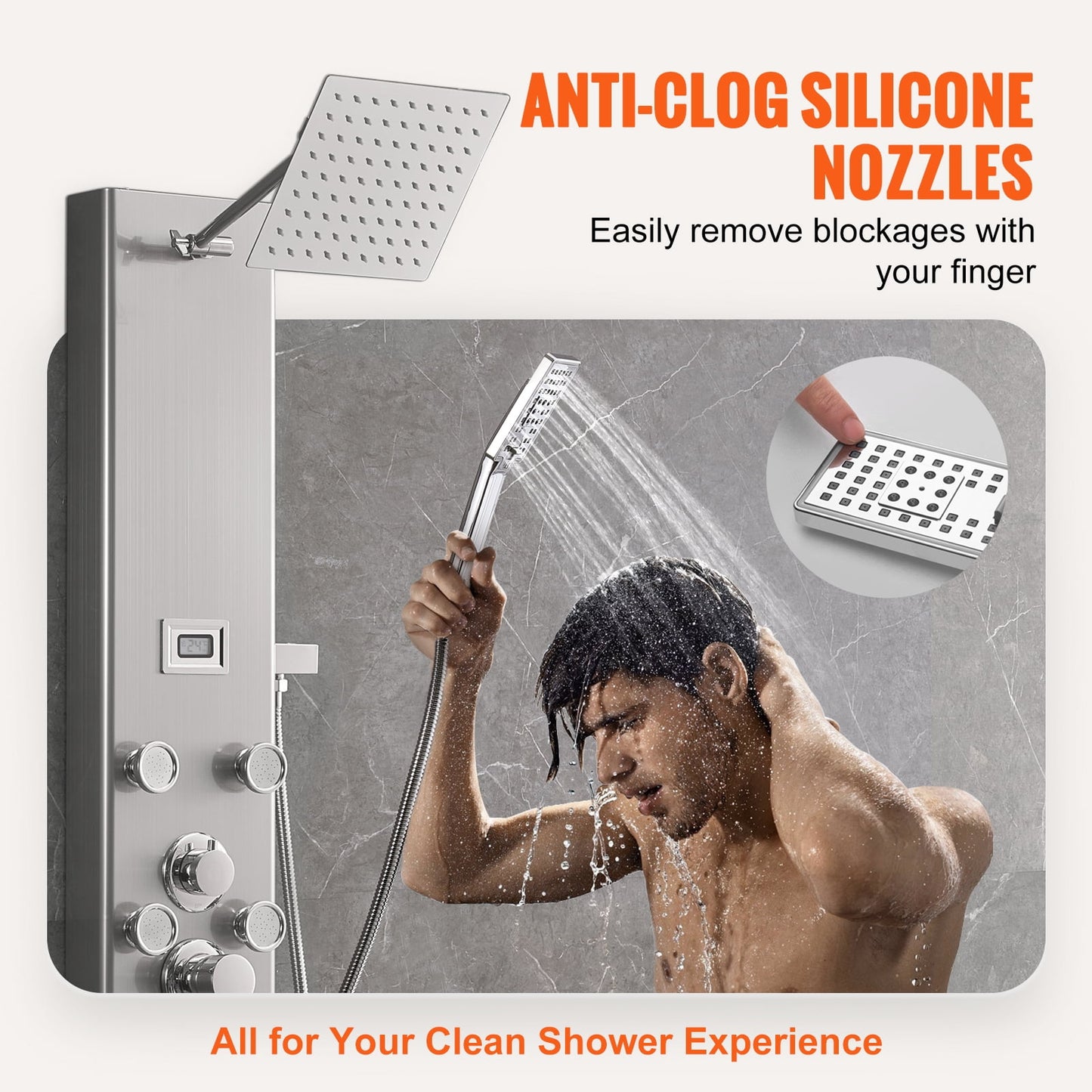 KFFKFF Shower Panel System, Quintuple Shower Functions, Numeric Indicator Shower Panel Tower, Downpour, 8 Therapeutic Jets, Bathtub Faucet, with 59" Hose, Stainless Steel Wall-Attached Bath Set