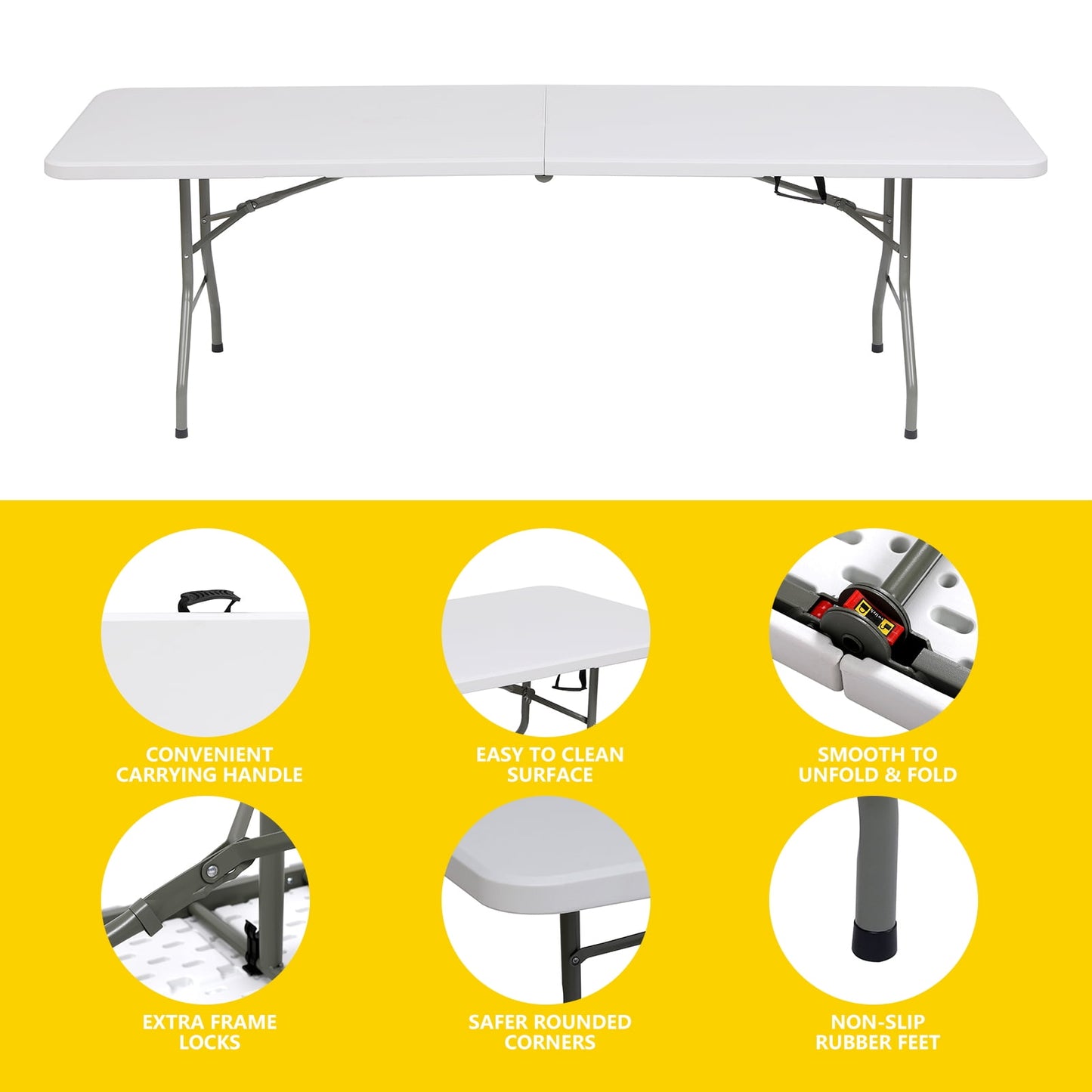 GIVIMO 8ft Folding Table,Fold-in-Half Plastic Table,Indoor Outdoor Picnic Party Dining Camp Tables,White