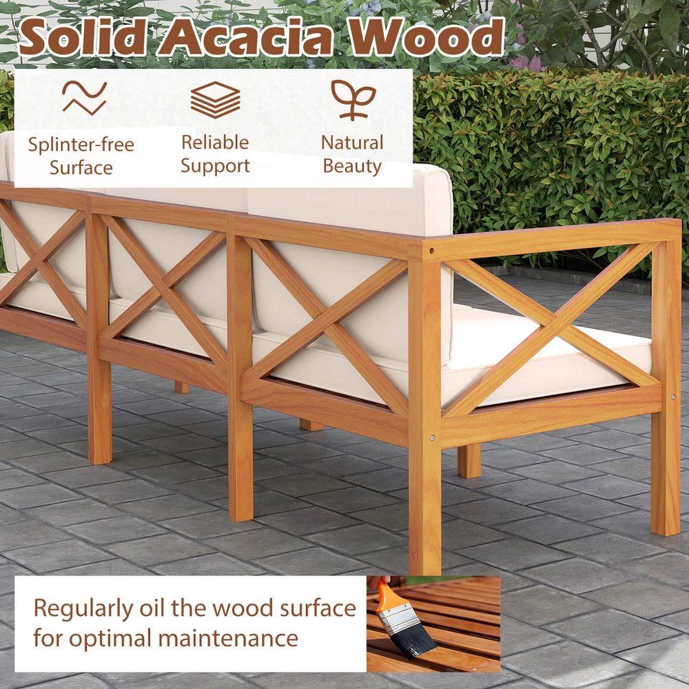 Tangkula Set of 6 Acacia Wood Patio Furniture Set Outdoor Sectional Conversation Set w/ Cushions & Coffee Table Off White