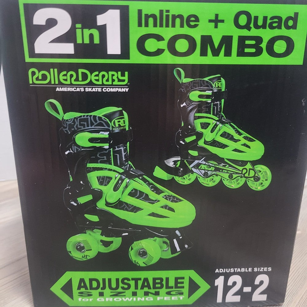 Roller Derby 2 in 1 Kids' Inline-Quad Combo Skates - Black/Green (12-2) NIB