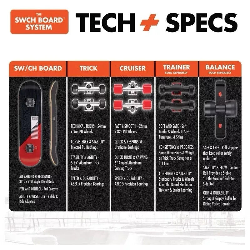 Swichboard 2-in-1 Trick and Cruiser 31" Deck Complete Skateboard Set - Red