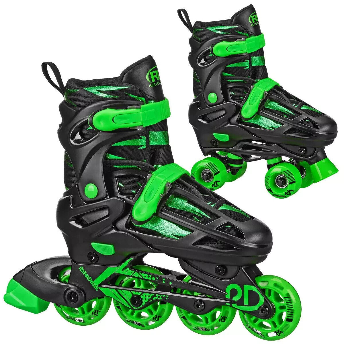 Roller Derby Green Wire Kids' Adjustable Inline-Quad Combo Skates - Black/Green M (3-6)